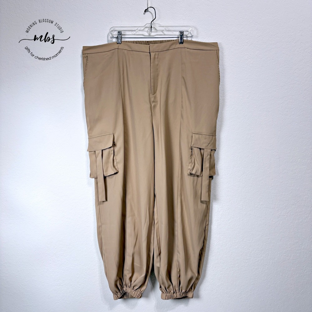 Megan Renee Parachute Cargo Pants Elastic Waist Tapered‎ Jogger Tan Women 2X